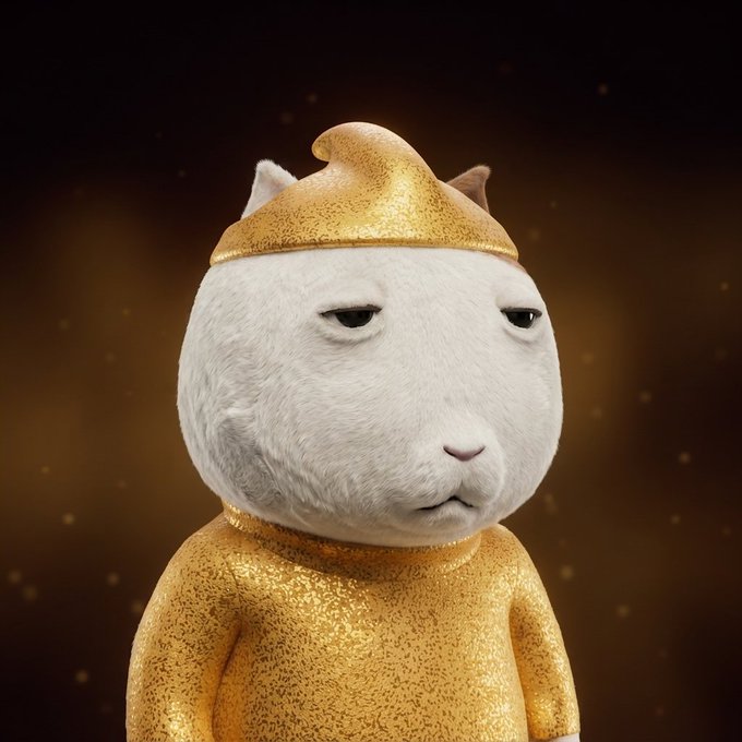 A 3D-rendered white cat character wears a textured golden hood and golden outfit against a dark golden background, displaying a unimpressed expression.