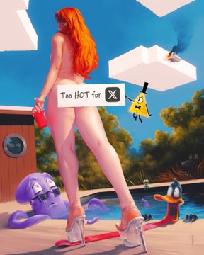 A surreal digital illustration of a woman with long orange hair walking past whimsical characters including a purple dog with sunglasses, a yellow figure, and a duck in a pool setting, with a 'Too HOT for X' watermark.