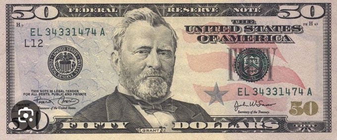 A $50 US Federal Reserve Note featuring Ulysses S. Grant with serial number EL 34331474 A and 'L12' marking.