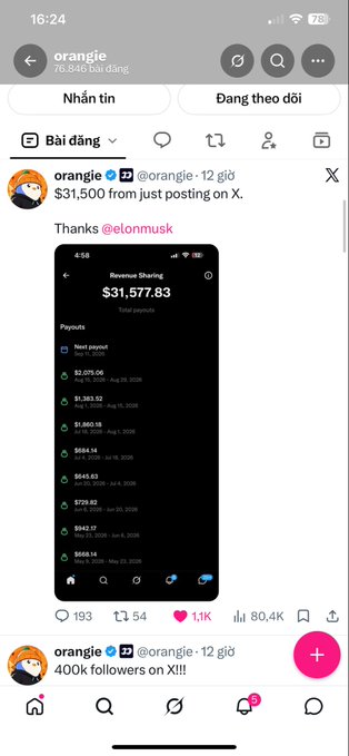 A Twitter/X post by user @orangie showing Revenue Sharing earnings of $31,577.83, with text reading '$31,500 from just posting on X. Thanks @elonmusk' and '400k followers on X!!!'.