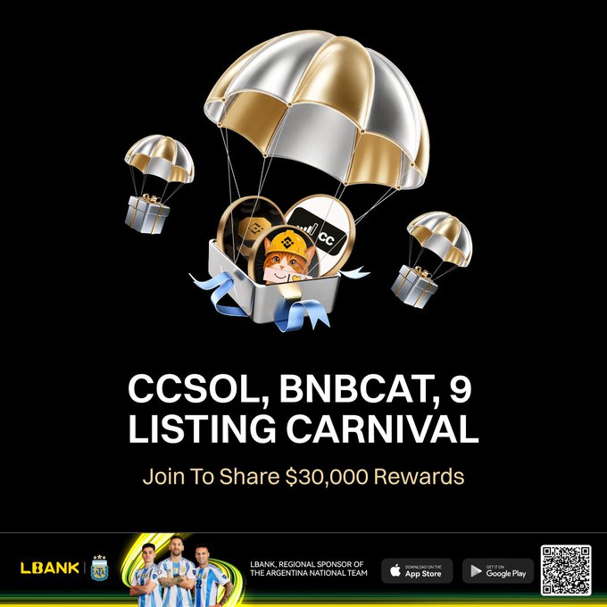 A promotional graphic for LBank's "CCSOL, BNBCAT, 9 Listing Carnival" showcases gold-and-silver parachutes carrying coins featuring a mascot and "CC" token, advertising $30,000 in rewards across the three new listings. The bottom features the LBank logo as a regional sponsor of the Argentina national team, with app download links and a QR code, visually reinforcing the post's call to join the trading campaign.