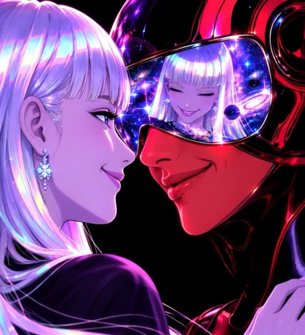 An anime-style digital illustration showing a woman with light purple hair facing a glossy red robotic figure whose visor reflects a cosmic galaxy and the woman's smiling face.