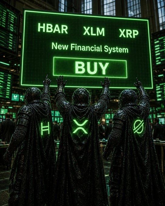 Three armored figures wearing glowing green capes marked with the symbols for HBAR (H), XLM (X), and XRP stand with arms raised before a large screen displaying "HBAR XLM XRP New Financial System BUY." The image visually echoes the post's message of renewed conviction, framing the trio as committed believers rallying around a "BUY" call now that the market has turned green again.