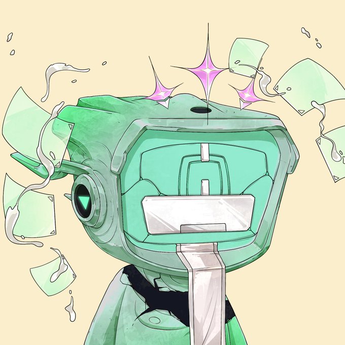 An anime-style illustration of a green robot or mecha character, with broken green shards and purple spark effects flying around its head.