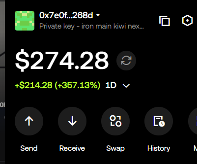 A crypto wallet screenshot shows the token "0x7e0f...268d" with a balance of $274.28, up $214.28 (+357.13%) in 1D, featuring Send, Receive, Swap, and History buttons. This appears to be proof of profits from minting/holding an "AKA" token, which the poster attributes to @akadotfun's recommendations.