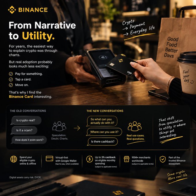 A promotional graphic for Binance titled 'From Narrative to Utility', comparing 'THE OLD CONVERSATIONS' about speculation with 'THE NEW CONVERSATIONS' about real use cases for crypto, highlighting the Binance Card.