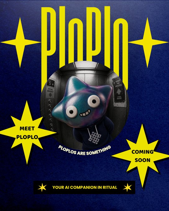 A promotional poster for 'PLOPLO' featuring a 3D-rendered blue star-shaped character in a hoodie emerging from a metal hatch; text includes 'MEET PLOPLO', 'COMING SOON', 'PLOPLOS ARE SOMETHING', and 'YOUR AI COMPANION IN RITUAL'.