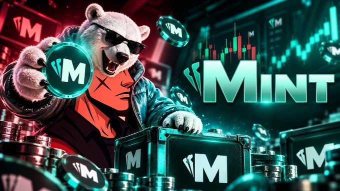 A stylized graphic features an angry bear character in sunglasses surrounded by floating tokens and cases displaying the letter 'M', with the word 'Mint' prominently shown.