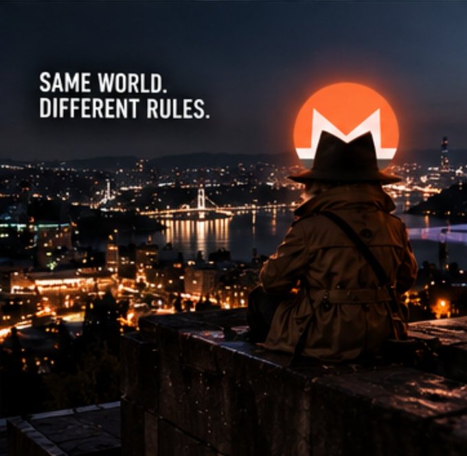 A promotional image with the Monero cryptocurrency logo, depicting a figure wearing a fedora looking out over a nighttime cityscape with the text 'SAME WORLD. DIFFERENT RULES.'