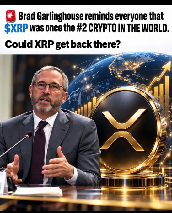 Brad Garlinghouse, CEO of Ripple, speaks at a podium beside a large golden XRP coin and an upward-trending globe, with overlaid text reading: "Brad Garlinghouse reminds everyone that $XRP was once the #2 CRYPTO IN THE WORLD. Could XRP get back there?" The image visually reinforces the post's theme of XRP's historical prominence and its potential to reclaim a top market cap ranking.