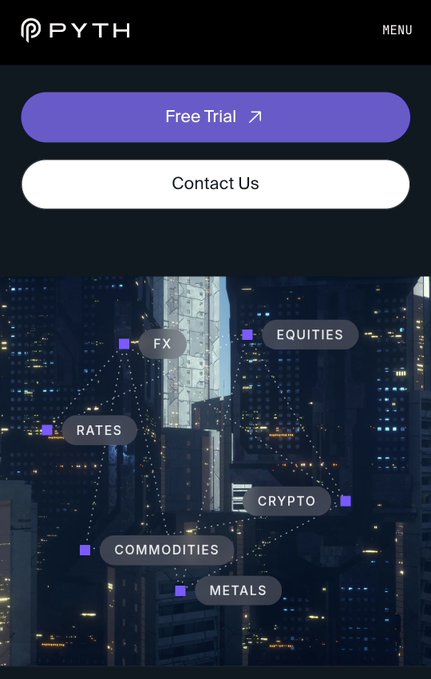 A digital interface or advertisement for "PYTH" displays a "Free Trial" button, a "Contact Us" button, and labels for various markets including "FX," "EQUITIES," "RATES," "CRYPTO," "COMMODITIES," and "METALS" overlaid on a city skyline.