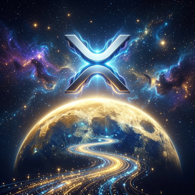 A glowing XRP logo floats above a luminous Earth, with a winding road of light leading toward the horizon—all set against a vibrant cosmic backdrop of stars and nebulae, symbolizing the "to the moon" sentiment for XRP.