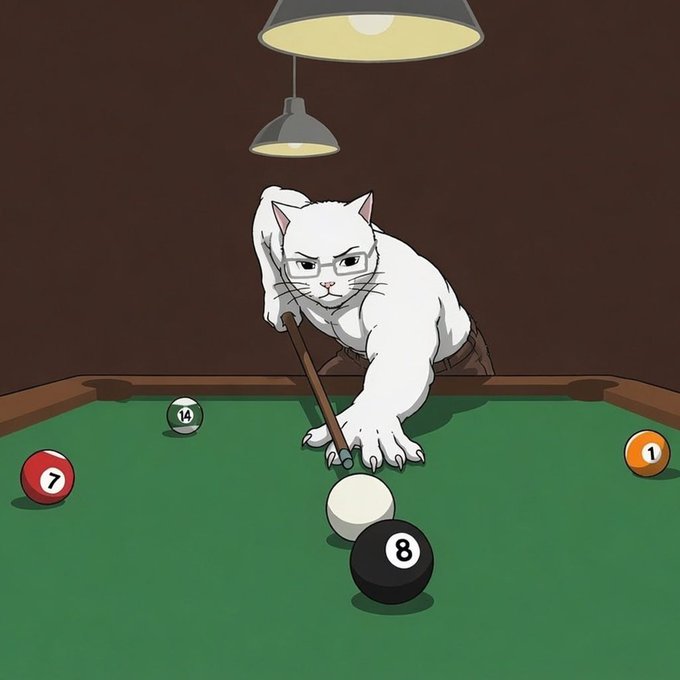 An animated white cat wearing glasses intensely lines up a shot on a pool table under a hanging lamp, with numbered balls (1, 7, 8, 14) visible on the green felt.