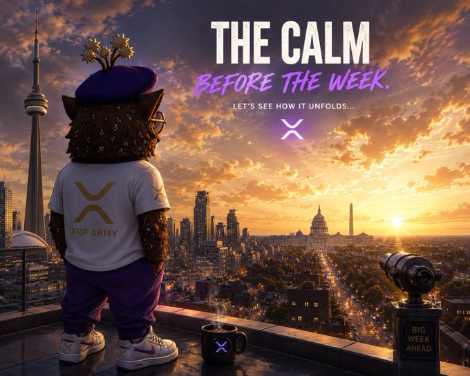 An XRP Army mascot in a beret and 'XRP ARMY' t-shirt overlooks a sunset cityscape, with text reading 'THE CALM BEFORE THE WEEK. LET'S SEE HOW IT UNFOLDS...'