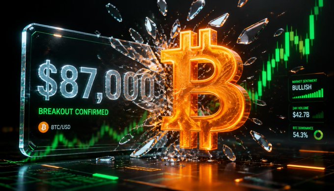 A digital graphic shows a glowing orange Bitcoin symbol shattering glass, with a display reading '$87,000 BREAKOUT CONFIRMED BTC/USD' and market indicators showing 'BULLISH' sentiment and 54.3% BTC dominance.