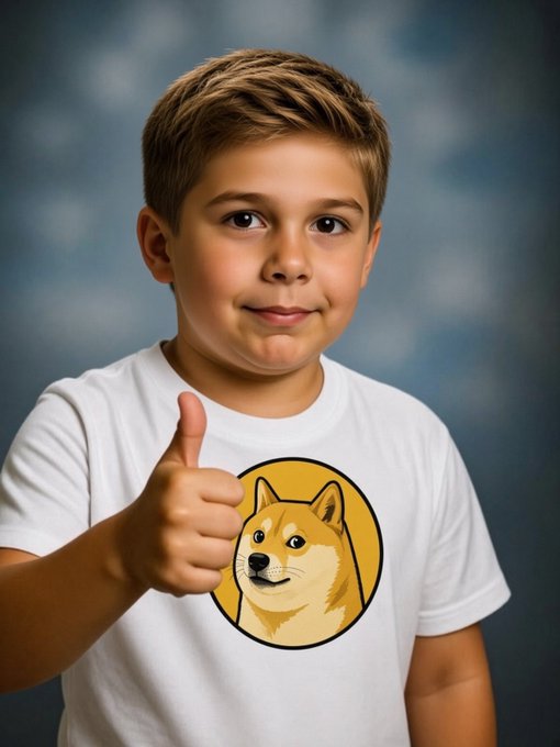 A young boy gives an enthusiastic thumbs-up while wearing a white t-shirt featuring the Dogecoin Shiba Inu dog logo, visually endorsing the cryptocurrency. The image reinforces the post's message by pairing a symbol of genuine approval with Dogecoin's branding, suggesting authentic energy and backing that contrasts with the "fake fiat currency" referenced in the caption.