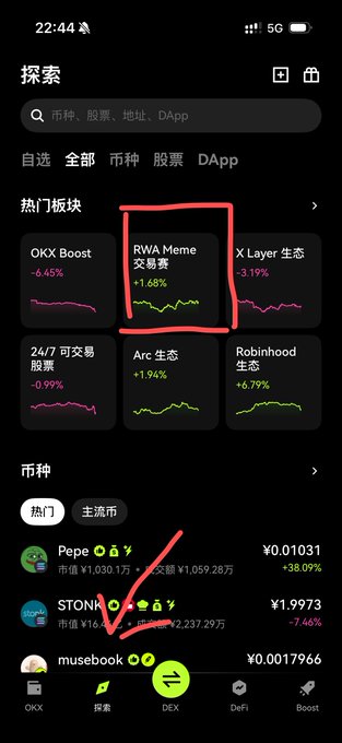 A Chinese cryptocurrency app screenshot showing 'RWA Meme' trading category highlighted with +1.68% gain, alongside Pepe, STONK, and muse.boo tokens.