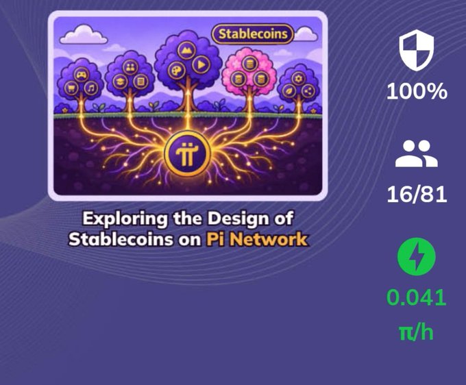 An illustrated graphic titled 'Exploring the Design of Stablecoins on Pi Network' showing trees connected to a Pi symbol, with stats showing 100%, 16/81, and 0.041 π/h.