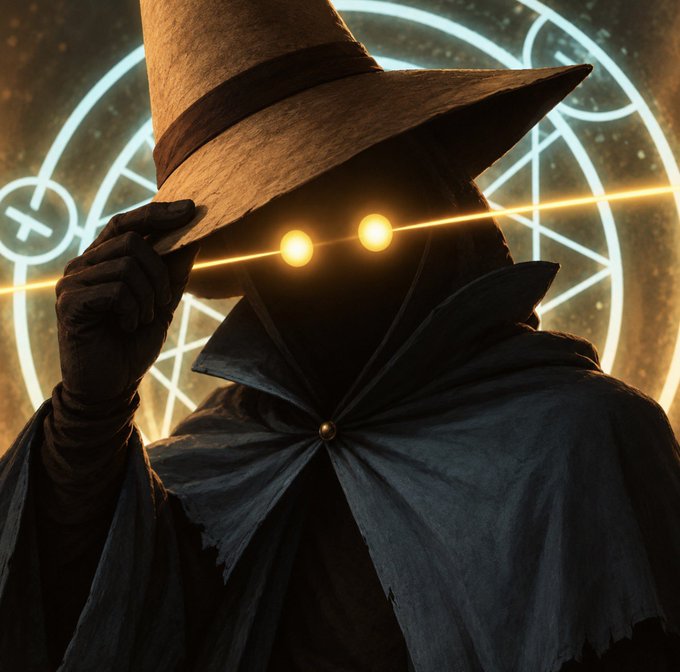 A mysterious figure in a pointed hat and tattered cloak tips the brim downward, with three glowing orbs hovering where their eyes would be. Behind them, an intricate glowing circular sigil with geometric patterns emanates a magical golden light.
