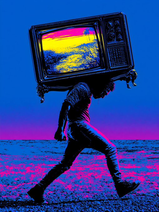 A surreal, neon-colored digital artwork depicts a silhouetted figure walking on a pink and blue landscape, carrying a vintage television set on their shoulders that displays a bright yellow sunset beach scene.