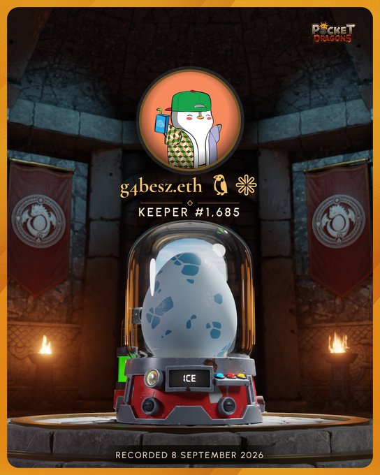 Another Pocket Dragons profile card for user 'g4besz.eth', designated as Keeper #1,685, featuring a cartoon penguin with a corn cob and juice inside an 'Ice' egg chamber, recorded on 8 September 2026.