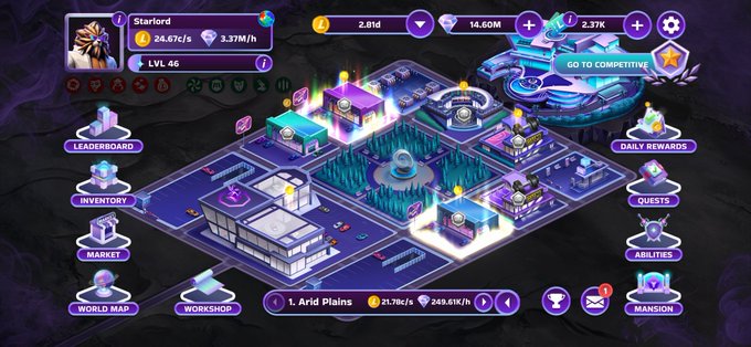 The image shows a screenshot of the Mane City game's main city-building interface, displaying a player profile for "Starford" at Level 46 with stats like 24.67T/s and 3.37M/h, set in the "Arid Plains" area with various buildings and menu options including Leaderboard, Inventory, Market, and Mansion.

The screenshot relates to the post by showcasing the player's in-game progress and standing, which ties into their claim of being placed 15th on the Mane City leaderboard while promoting $CRO.