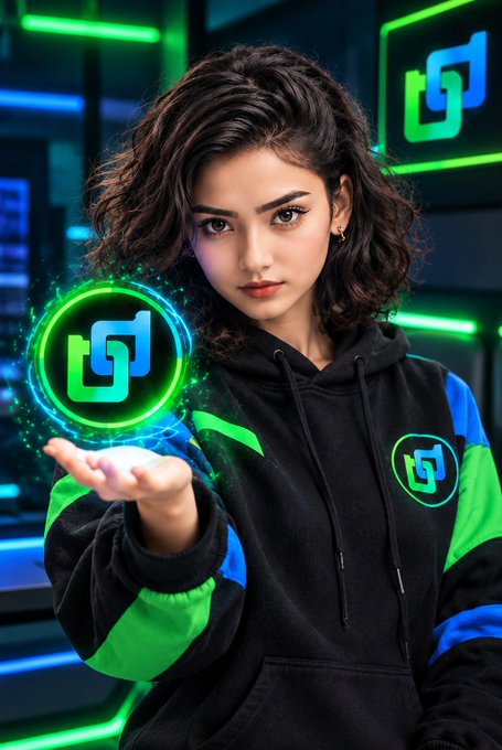 Stylized digital image of a young woman in a black, green, and blue hoodie holding a glowing green and blue chain-link token icon.