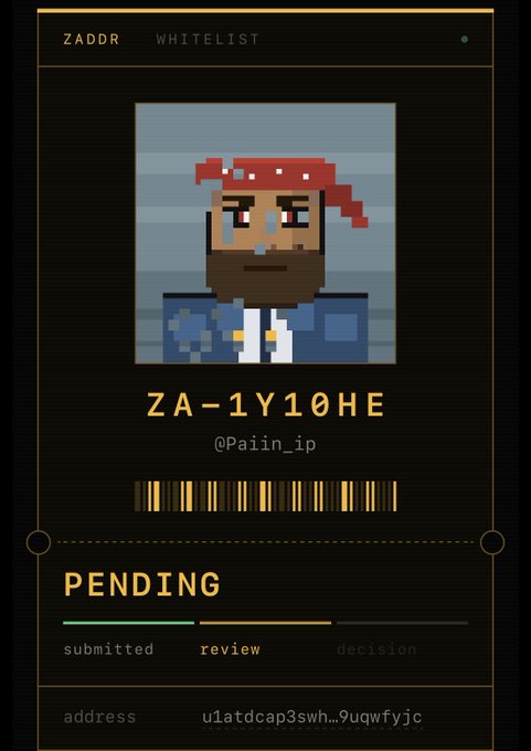 A digital identity card labeled 'ZADDR WHITELIST' shows a pixel-art pirate character, a status of 'PENDING' with progress bars for submitted, review, and decision stages, and an address code.
