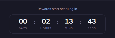 A dark-themed countdown timer displaying 'Rewards start accruing in' with 00 days, 02 hours, 13 minutes, and 43 seconds remaining.