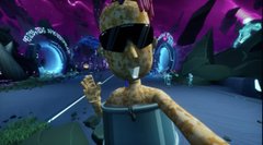An animated character with a stitched body, wearing sunglasses, stands in a vibrant alien landscape with a 'Return' portal behind them.