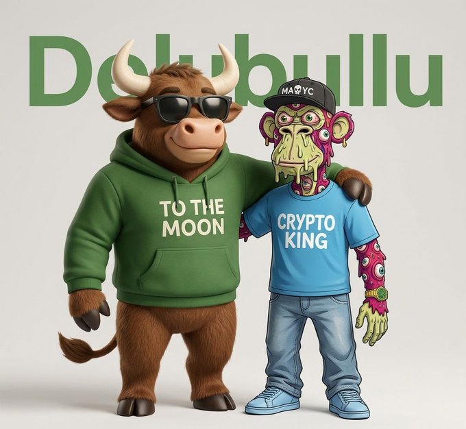 The image shows a cartoon bull wearing sunglasses and a green "TO THE MOON" hoodie standing next to a pink psychedelic monkey wearing a "MASYC" cap and a blue "CRYPTO KING" shirt, with "Dolubullu" written in green text behind them. It visually reinforces the post's bullish crypto message, using the classic "to the moon" phrase and a vibrant mascot duo to greet aspiring crypto millionaires.