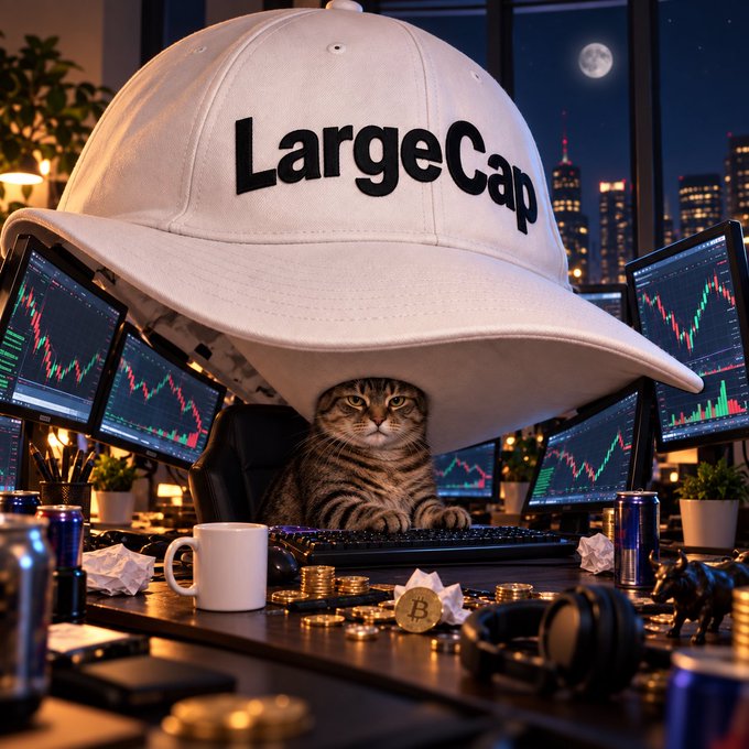 A digitally created scene featuring a cat sitting at a desk with multiple monitors showing stock charts, surrounded by coins, energy drinks, and a large white cap with 'LargeCap' written on it, set against a nighttime city skyline.