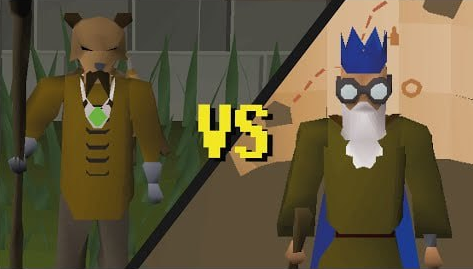 Two blocky, video game-style characters face off in a 'VS' screen: on the left is a figure in a yellow suit with a fox head, and on the right is a bearded figure wearing a blue crown and goggles.