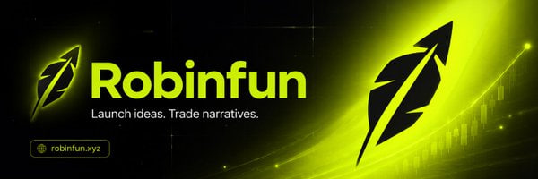 A promotional banner for "Robinfun" featuring the tagline "Launch ideas. Trade narratives." and the website "robinfun.xyz," displayed alongside stylized green rocket/feather graphics on a black background. The branding visually reinforces the post's message of $ROBINFUN as a streamlined, permissionless token launchpad on Robinhood Chain.