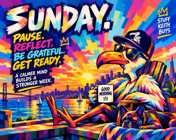 A vibrant, colorful illustration reading 'SUNDAY. Pause. Reflect. Be Grateful. Get Ready. A calmer mind builds a stronger week' featuring a sunglasses-clad pelican holding a 'GOOD MORNING' mug with a French bulldog, signed 'STUFF KEITH BUYS'.