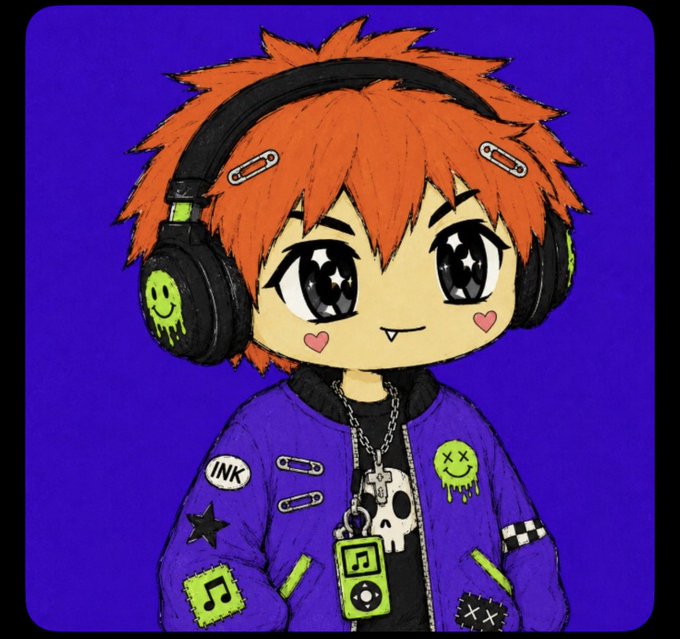 A colorful digital illustration of a chibi-style character with spiky orange hair, large black headphones with a dripping smiley face, and a purple jacket adorned with music-themed patches and safety pins.