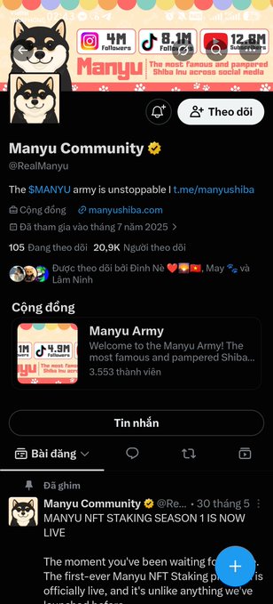 A screenshot of the Twitter/X profile for 'Manyu Community' displays a Shiba Inu mascot, social media follower counts (4M, 8.1M, 12.8M), and a pinned post about 'MANYU NFT STAKING SEASON 1'.