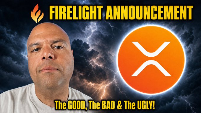 A video thumbnail titled "FIRELIGHT ANNOUNCEMENT" and "The GOOD, The BAD & The UGLY!" showing a man's face on the left and the orange XRP cryptocurrency logo on the right against a stormy sky background.