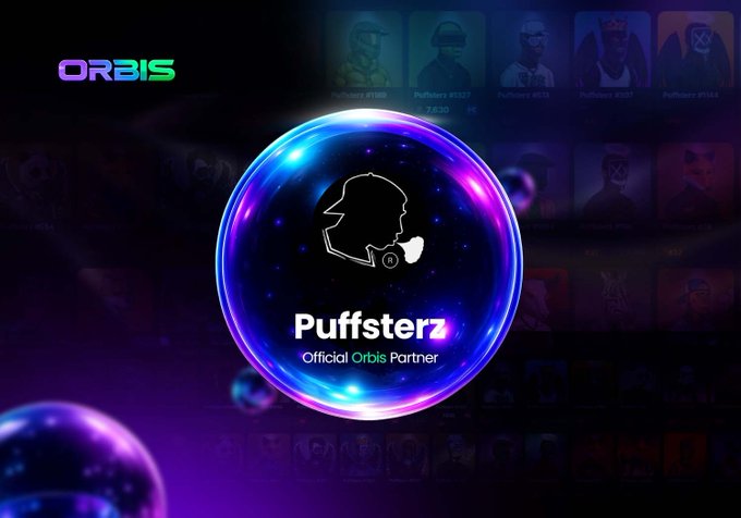 The image features a glowing blue and purple orb with the "ORBIS" logo in the top left corner, displaying the "Puffsterz" branding and text "Official Orbis Partner" alongside a silhouetted character with a hat and pipe. The background showcases a grid of various Puffsterz NFT characters, visually reinforcing the announcement of Puffsterz as an official Orbis partner.