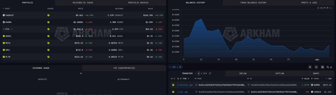 The image shows a screenshot from Arkham Intelligence's portfolio dashboard displaying holdings including $0.056 KARMA alongside other tokens like BTC, ETH, SOL, and BNB, with the user's commentary promoting $KARMA as a low-cap utility crypto on RobinhoodCrypto's upcoming chain. The dashboard visualizes the wallet's token balances, value in USD, and 30-day portfolio performance through a balance history chart.