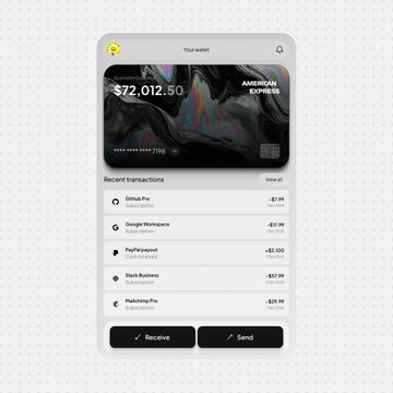 A mobile wallet interface showing a balance of $72,012.50 on a black card, with a list of recent transactions including 'GitHub Pro', 'Google Workspace', and 'PayPal payout'.