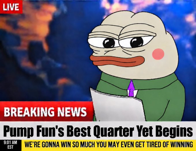 A "Breaking News" graphic features a smug-looking cartoon frog/duck hybrid news anchor in a green suit holding papers, with a "LIVE" badge in the corner. The headline reads "Pump Fun's Best Quarter Yet Begins" with a ticker at the bottom declaring "WE'RE GONNA WIN SO MUCH YOU MAY EVEN GET TIRED OF WINNING," humorously celebrating the start of Q4 2026 in a satirical, over-the-top news format.