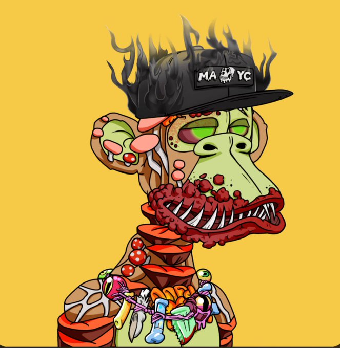 A grotesque cartoon illustration of a dinosaur-like creature wearing a black cap with 'MA YC' written on it, featuring exposed flesh, sharp teeth, and skulls on its body, set against a yellow background.