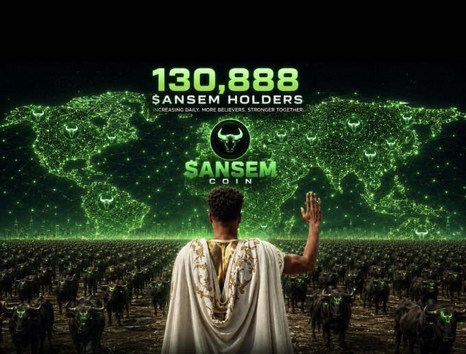 A promotional image for Sansem Coin showing 130,888 holders with a figure in golden robes facing a green-glowing world map surrounded by a herd of bull silhouettes.