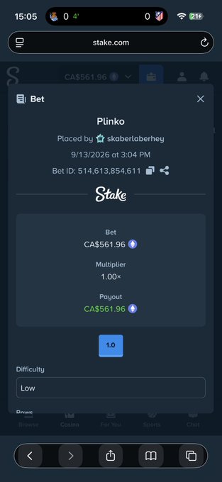 The image shows a Stake.com betting slip for a Plinko game placed by user "skobelaberheyy" on 9/13/2026 at 3:04 PM, with a bet and payout of CA$561.96 at 1.00x multiplier on Low difficulty, illustrating the post's claim that wagering must occur before sending tips.