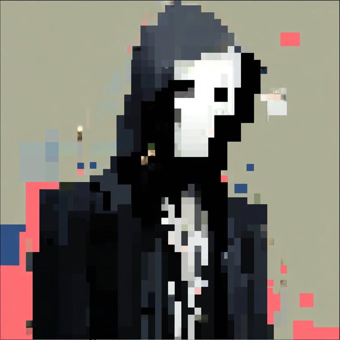 A heavily pixelated digital image showing a hooded figure in dark robes with a white mask, possibly inspired by a grim reaper or scythe-wielding character.