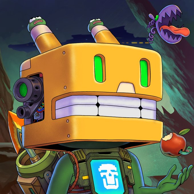 A cartoonish robot with a big toothy grin holds a shiny red apple, accompanied by a purple floating creature with a long tongue, set against a dark landscape—whimsical imagery suggesting the upbeat, optimistic vibe of a sunny Sunday with NFTs heating up.