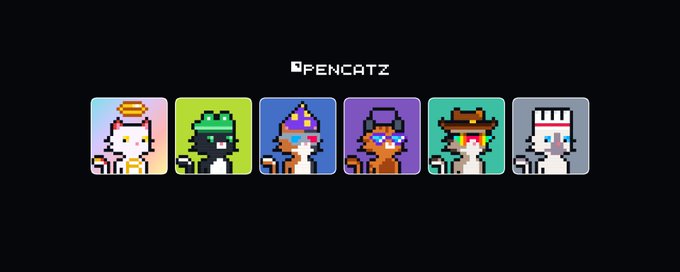 A digital artwork displaying six pixel-art cat characters labeled 'PENCATZ' on a dark grey background.