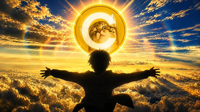 A silhouette figure with outstretched arms soars above golden clouds toward a radiant sun displaying a cat's face inside a cryptocurrency-style "C" emblem, symbolizing an ascent toward $CATE. The image visually frames the post's promotion of $CATE as a rising opportunity awaiting its next upward "leg."