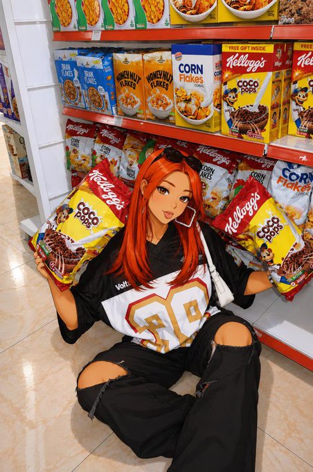 An anime-style character with long orange hair sits on the floor of a grocery store aisle, holding two bags of Kellogg's Coco Pops cereal surrounded by Honey Nut Flakes and Corn Flakes boxes.
